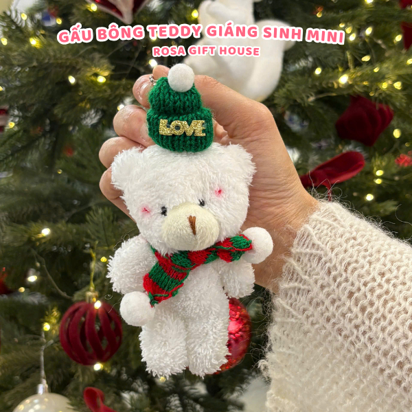 Gấu bông Teddy Mini Giáng Sinh đội mũ len, đeo khăn quàng cổ. Quà tặng noel ý nghĩa Rosa Gift House