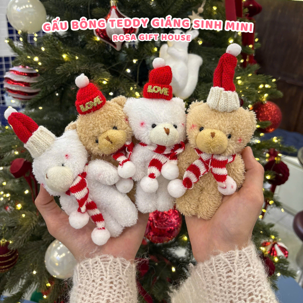 Gấu bông Teddy Mini Giáng Sinh đội mũ len, đeo khăn quàng cổ. Quà tặng noel ý nghĩa Rosa Gift House