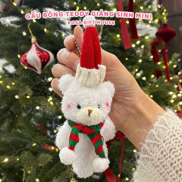 Gấu bông Teddy Mini Giáng Sinh đội mũ len, đeo khăn quàng cổ. Quà tặng noel ý nghĩa Rosa Gift House
