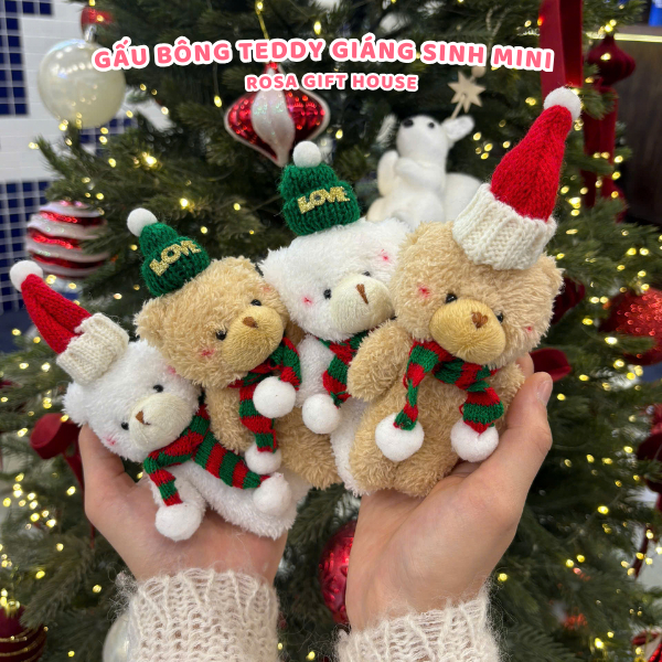 Gấu bông Teddy Mini Giáng Sinh đội mũ len, đeo khăn quàng cổ. Quà tặng noel ý nghĩa Rosa Gift House