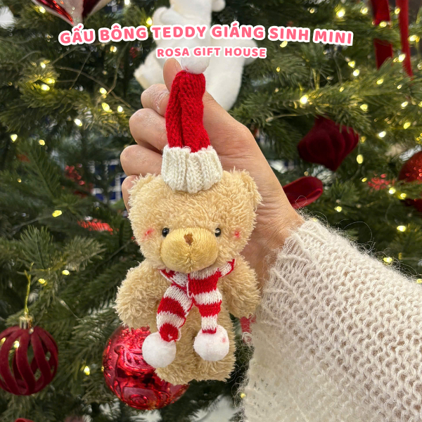 Gấu bông Teddy Mini Giáng Sinh đội mũ len, đeo khăn quàng cổ. Quà tặng noel ý nghĩa Rosa Gift House