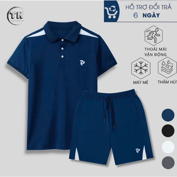 Bộ quần áo nam nữ cao cấp- Phối vai logo thêu- Chất liệu poly cá sấu co giãn mát mẻ- trẻ trung- TONY FASHION