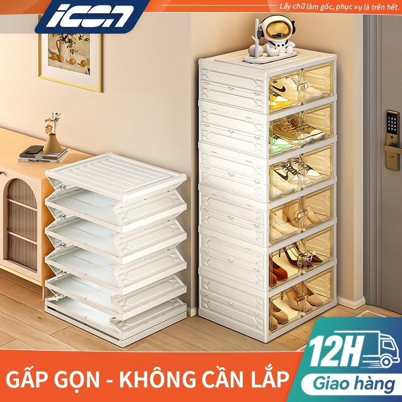 Hộp giày gấp gọn ICON 3-6 tầng nhựa PP & PET chống bụi - Tủ giày đa năng tiện lợi, kệ để giày trong suốt thoáng khí