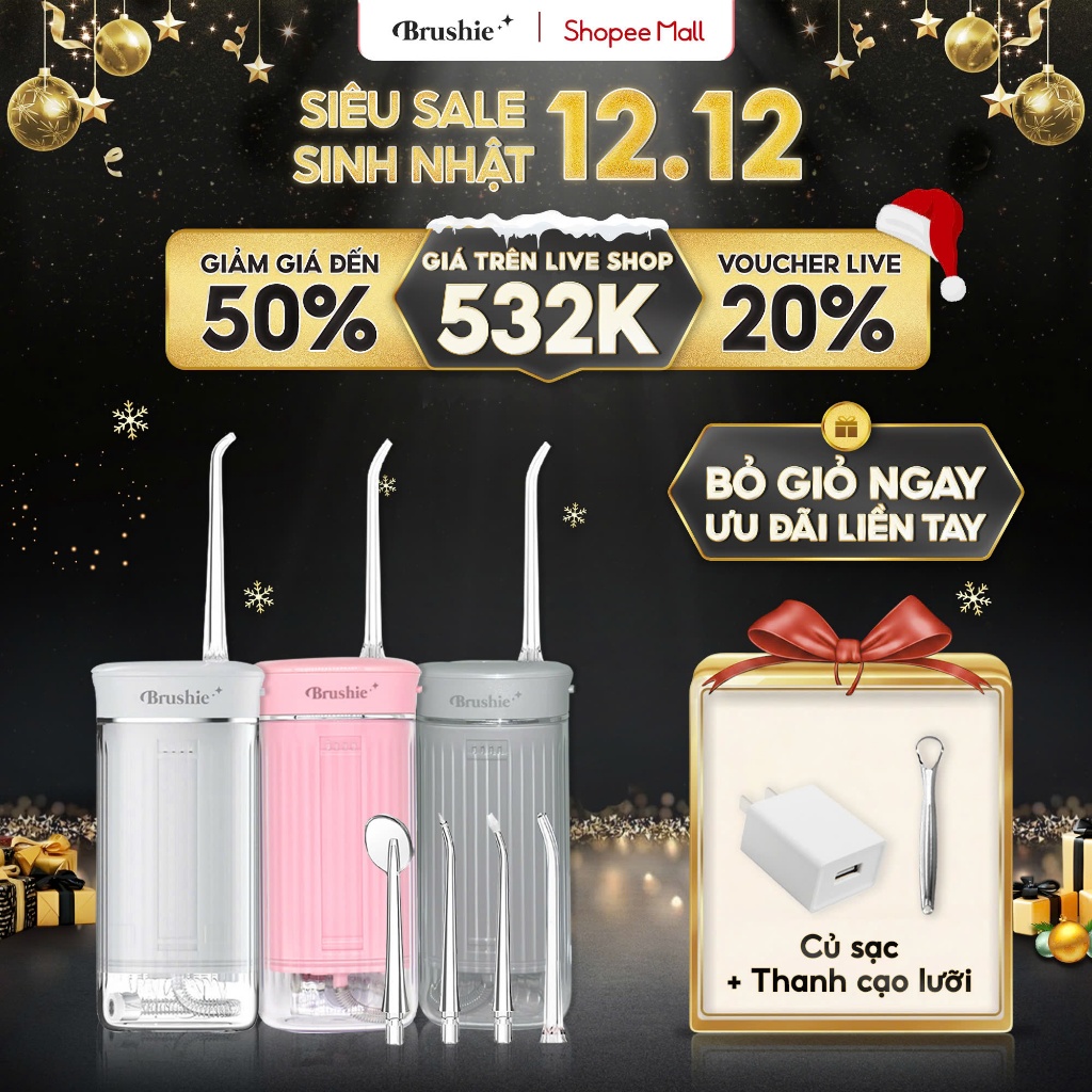 [GIÁ 526K TẠI LIVE SHOP] Tăm nước cầm tay Brushie Super Sonic, Flossie tăm nước du lịch phiên bản mới 2025