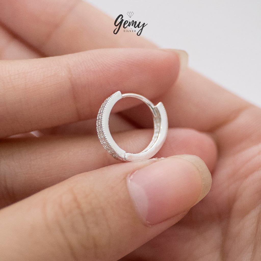 Khuyên tai nam bạc nguyên chất tròn Audrey 2 thiết kế đính 2 dải đá (1 chiếc) | GEMY SILVER KN44