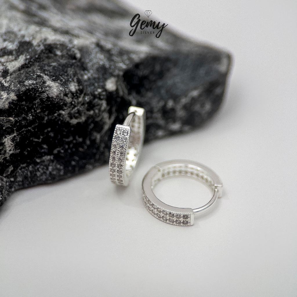 Khuyên tai nam bạc nguyên chất tròn Audrey 2 thiết kế đính 2 dải đá (1 chiếc) | GEMY SILVER KN44