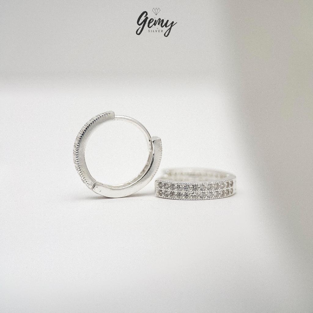 Khuyên tai nam bạc nguyên chất tròn Audrey 2 thiết kế đính 2 dải đá (1 chiếc) | GEMY SILVER KN44