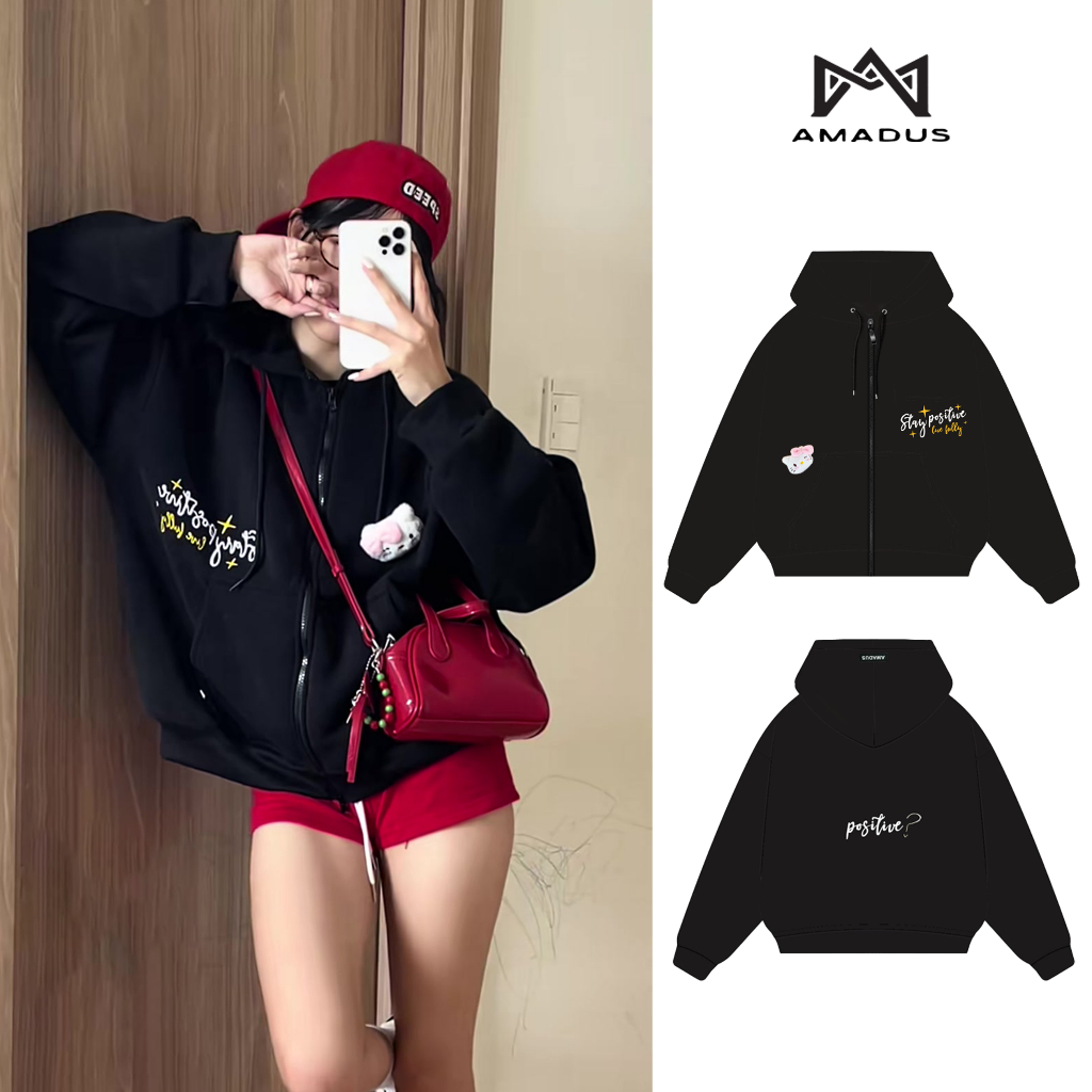 [ Tặng gấu ] HOODIE ZIP BOXY NỈ BÔNG THÊU NỔI " Stay Positive " khoá kéo 2 chiều Unisex - HDB06