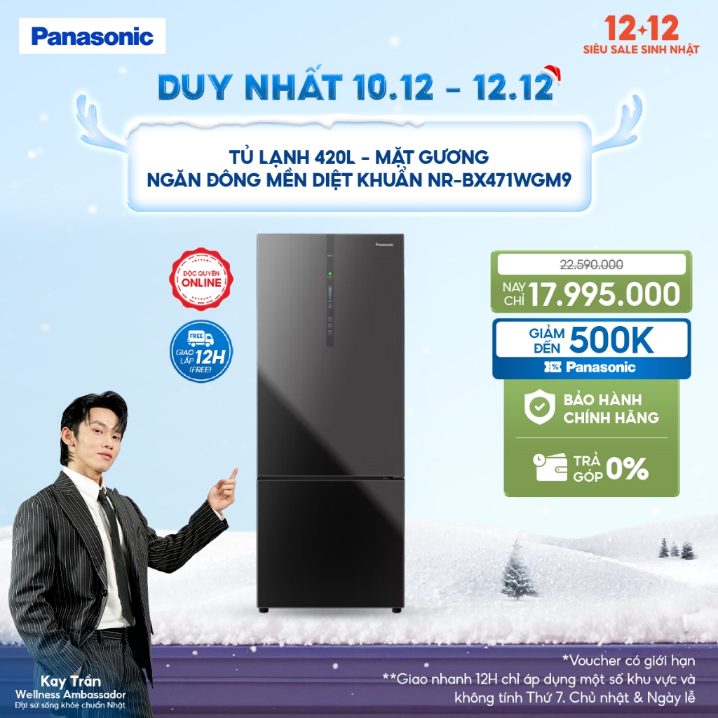 [NHẬP ELPN2T5P GIẢM 18% TỐI ĐA 2500K] Tủ lạnh Panasonic Inverter 420 lít NR-BX471WGM9 Mặt gương Đông mềm diệt khuẩn