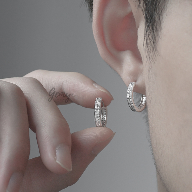 Khuyên tai nam bạc nguyên chất tròn Audrey 2 thiết kế đính 2 dải đá (1 chiếc) | GEMY SILVER KN44