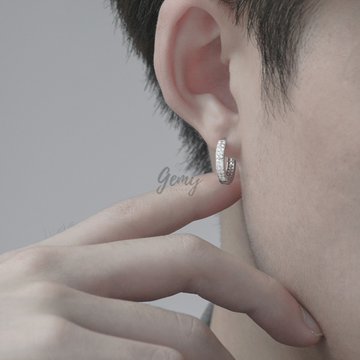 Khuyên tai nam bạc nguyên chất tròn Audrey 2 thiết kế đính 2 dải đá (1 chiếc) | GEMY SILVER KN44