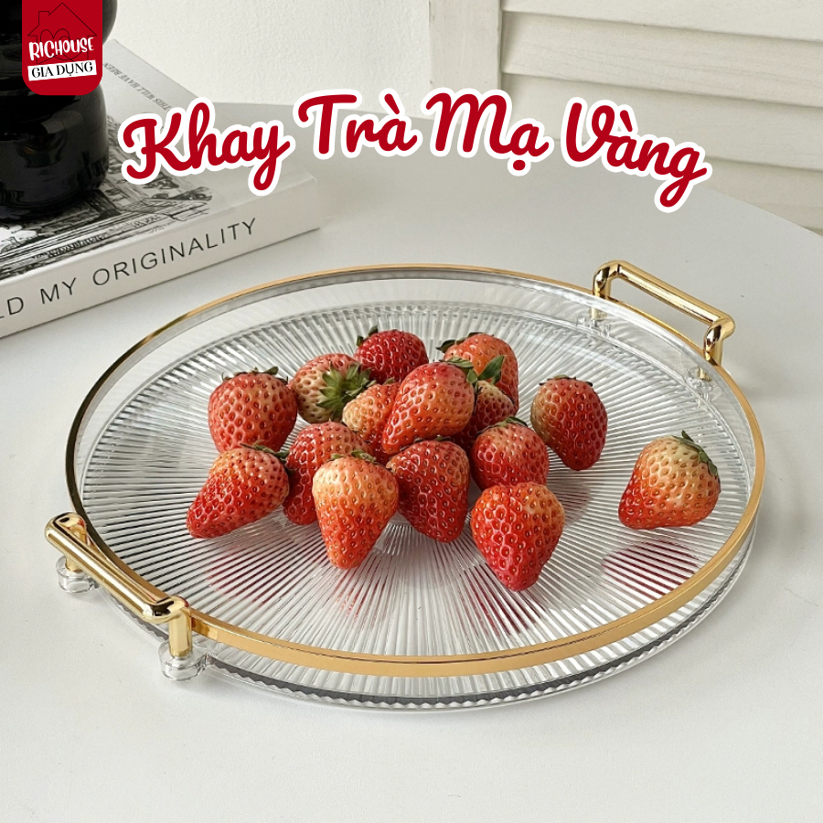Khay Đựng Đồ Sang Trọng Tay Cầm Mạ Vàng, Khay Đựng Hoa Quả, Bánh, Trà, Khay Decor Bàn Ăn Cao Cấp