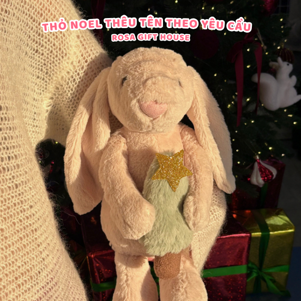 Thỏ Bunny Noel ôm Thông Gấu Bông Thỏ Thêu Tai Theo Yêu Cầu - Quà tặng Giáng Sinh Noel Christmas Thú Nhồi Bông Rosa