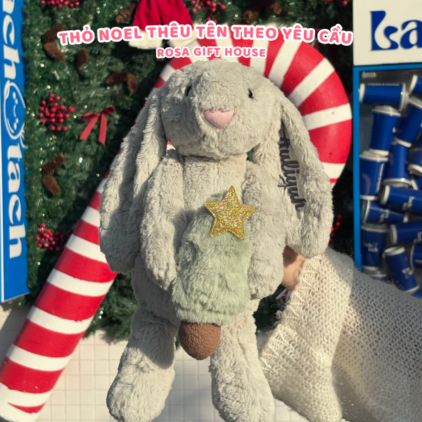 Thỏ Bunny Noel ôm Thông Gấu Bông Thỏ Thêu Tai Theo Yêu Cầu - Quà tặng Giáng Sinh Noel Christmas Thú Nhồi Bông Rosa