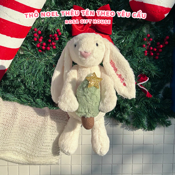 Thỏ Bunny Noel ôm Thông Gấu Bông Thỏ Thêu Tai Theo Yêu Cầu - Quà tặng Giáng Sinh Noel Christmas Thú Nhồi Bông Rosa