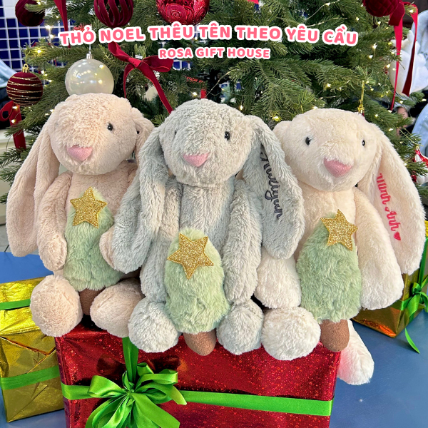 Thỏ Bunny Noel ôm Thông Gấu Bông Thỏ Thêu Tai Theo Yêu Cầu - Quà tặng Giáng Sinh Noel Christmas Thú Nhồi Bông Rosa