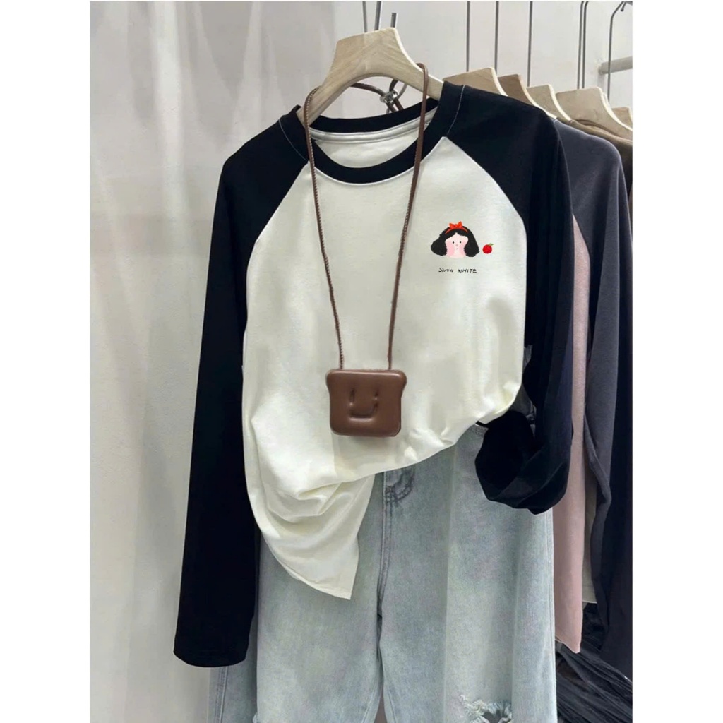 Áo dài tay phối màu in hình Basic JULY FASHION, Áo thun nữ tay dài Ragan mềm mịn, chất thun xượt mặc ấm