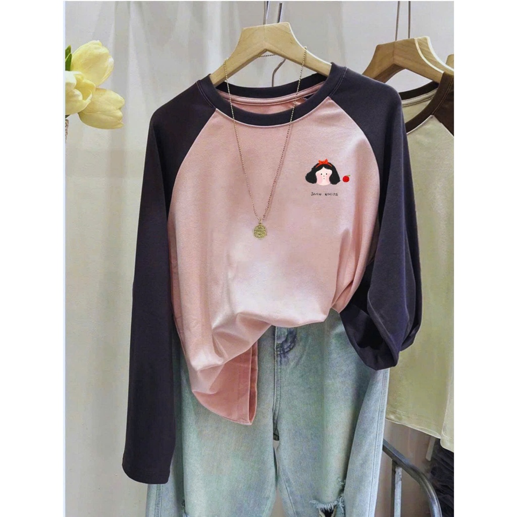 Áo dài tay phối màu in hình Basic JULY FASHION, Áo thun nữ tay dài Ragan mềm mịn, chất thun xượt mặc ấm