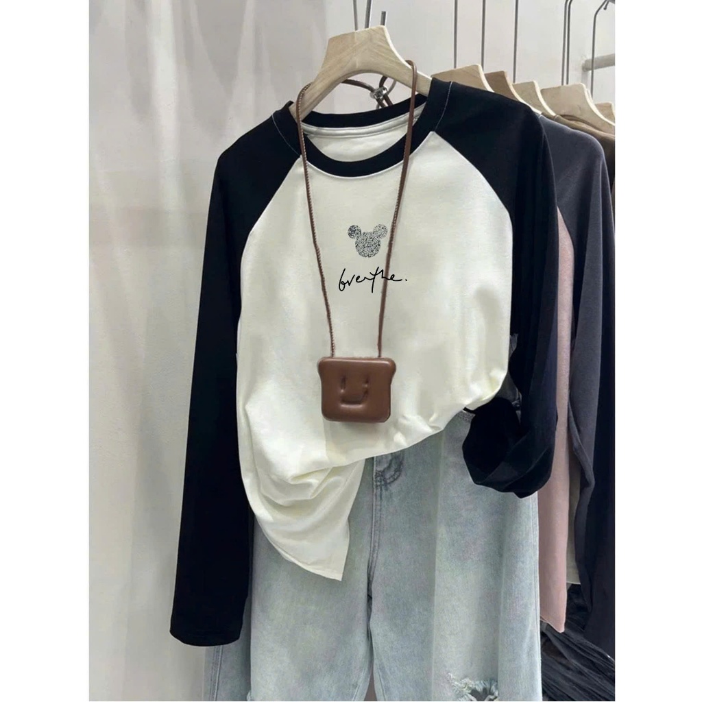 Áo dài tay phối màu in hình Basic JULY FASHION, Áo thun nữ tay dài Ragan mềm mịn, chất thun xượt mặc ấm