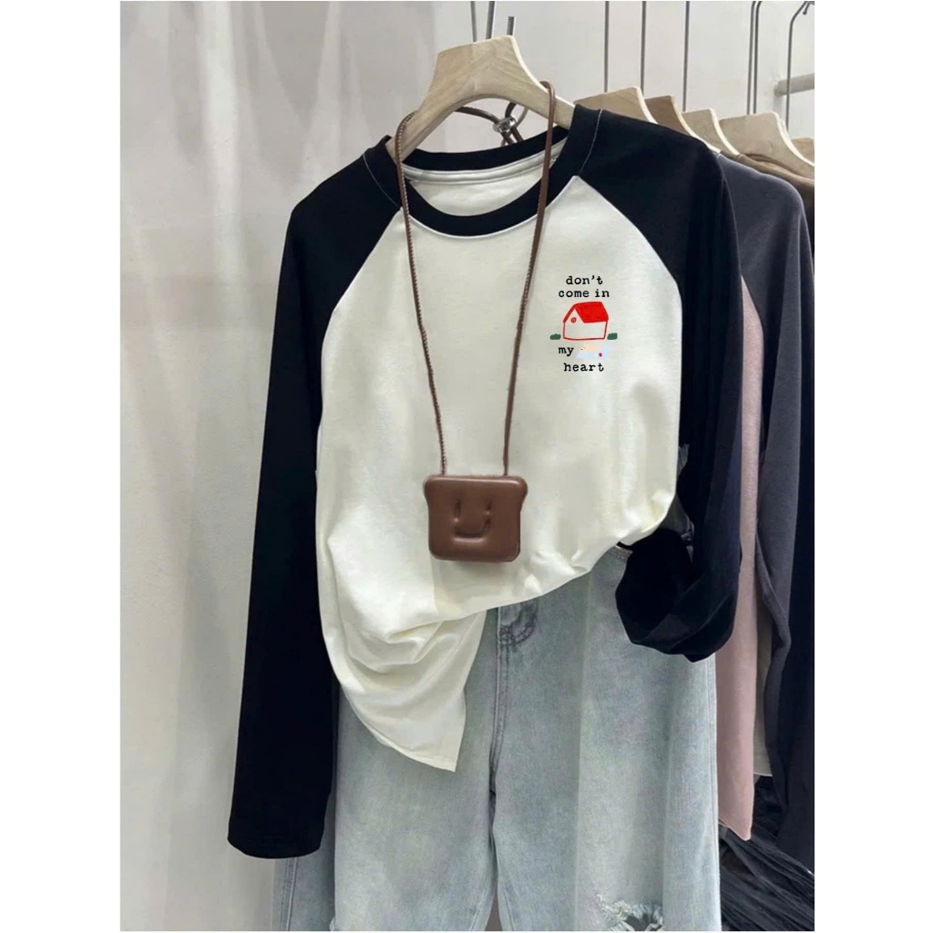 Áo dài tay phối màu in hình Basic JULY FASHION, Áo thun nữ tay dài Ragan mềm mịn, chất thun xượt mặc ấm