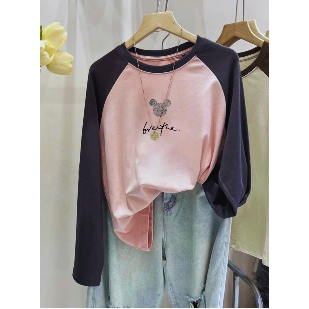 Áo dài tay phối màu in hình Basic JULY FASHION, Áo thun nữ tay dài Ragan mềm mịn, chất thun xượt mặc ấm