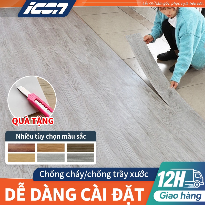 ICON Miếng nhựa lót sàn giả vân gỗ sang trọng, có keo sẵn dễ dán, miếng dán sàn nhà45,5x15,24 cm