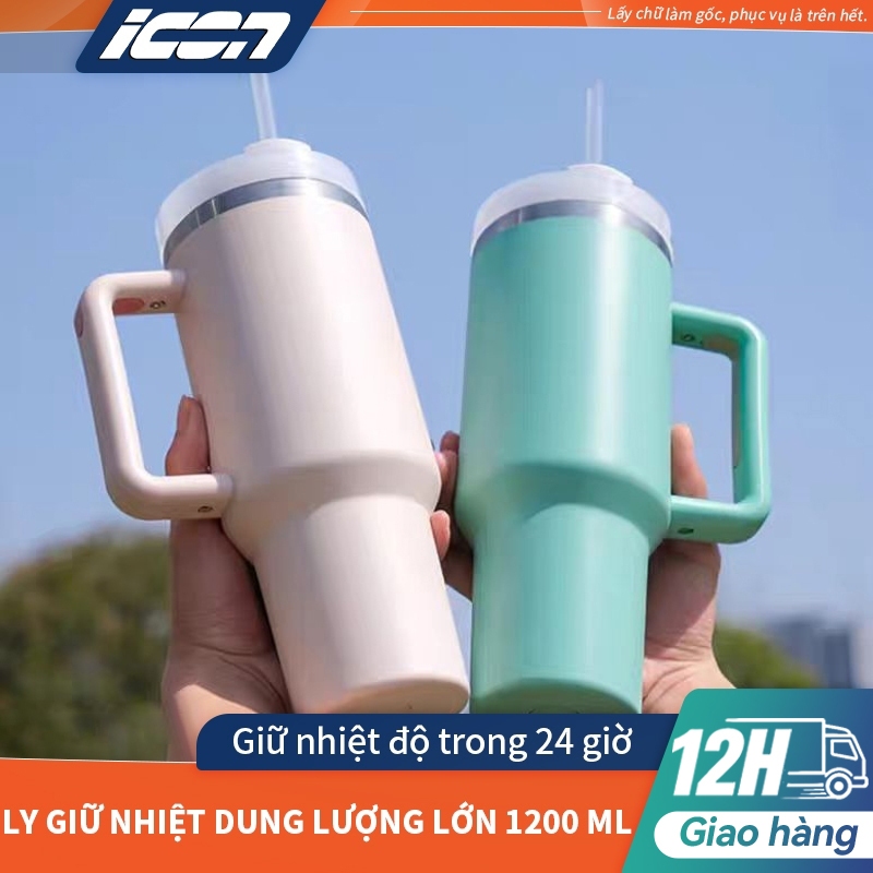 ICON Ly giữ nhiệt nóng lạnh, cốc xe hơi, bằng thép không gỉ 304, có ống hút, tay cầm và quai xách