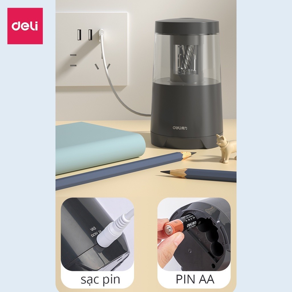 [Deli] Gọt Bút Chì Điện Tự Động Cỡ Lớn – Mài Nhanh, An Toàn, Dùng Cho Học Sinh & Văn Phòng