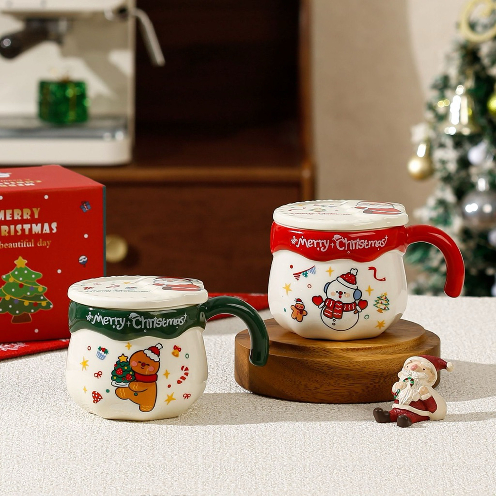 Ly Sứ Cốc Gốm Có Nắp Quai Lỡ Hình Bánh Gừng Cây Thông Ông Già Xanh Đò Noel Giáng Sinh Quà Tặng Độc Đáo Merry Christmas