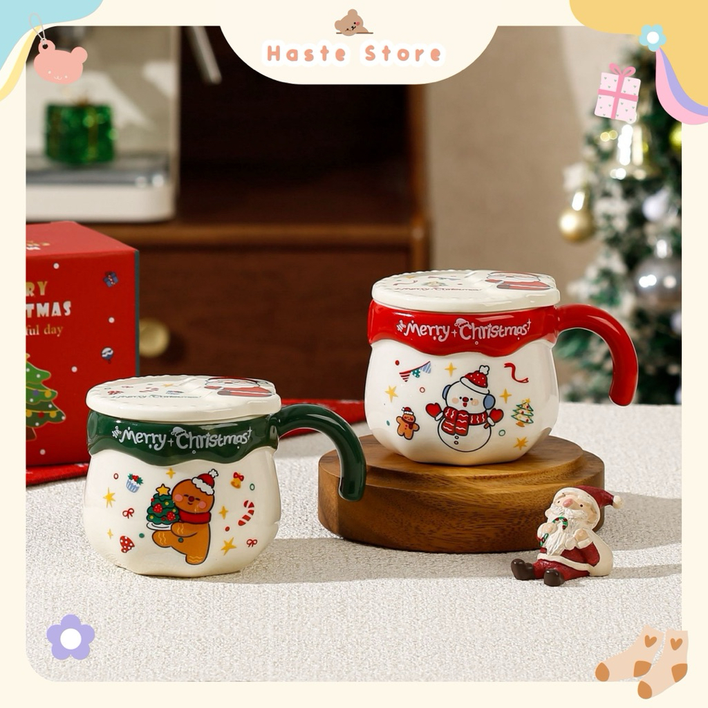 Ly Sứ Cốc Gốm Có Nắp Quai Lỡ Hình Bánh Gừng Cây Thông Ông Già Xanh Đò Noel Giáng Sinh Quà Tặng Độc Đáo Merry Christmas