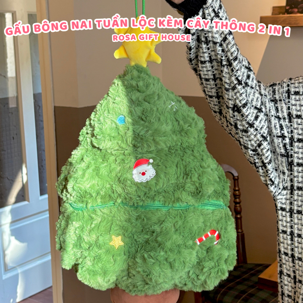 Gấu Bông Noel Nai, Tuần Lộc, Ông Già Noel Kèm Cây Thông 2 in 1 Cây thông nhồi bông trang trí Giáng Sinh