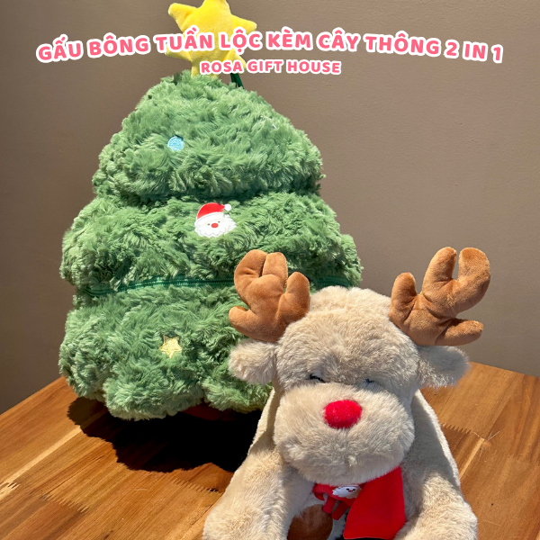 Gấu Bông Noel Nai, Tuần Lộc, Ông Già Noel Kèm Cây Thông 2 in 1 Cây thông nhồi bông trang trí Giáng Sinh