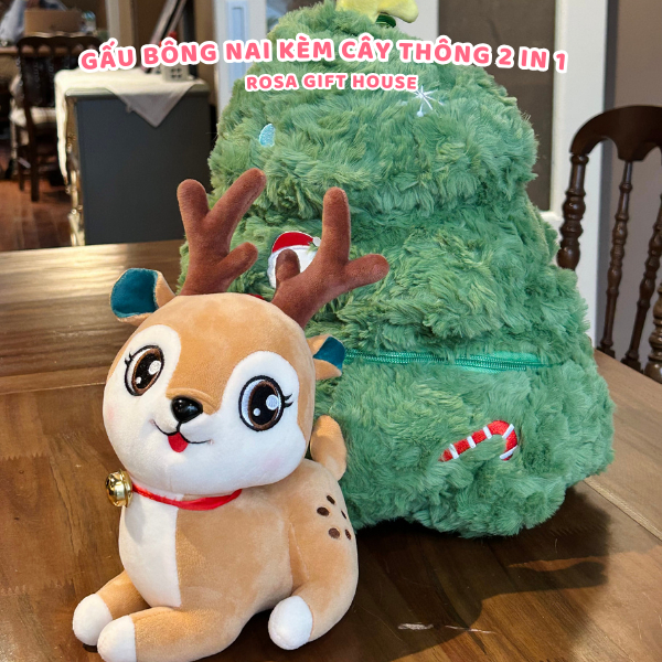 Gấu Bông Noel Nai, Tuần Lộc, Ông Già Noel Kèm Cây Thông 2 in 1 Cây thông nhồi bông trang trí Giáng Sinh