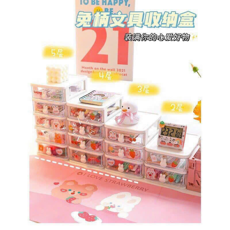 Tủ Mini Thỏ Nhiều Ngăn Tặng Sticker, Hộp Đựng Phụ Kiện Nhỏ Nhắn Nhiều Tầng Siêu Cute
