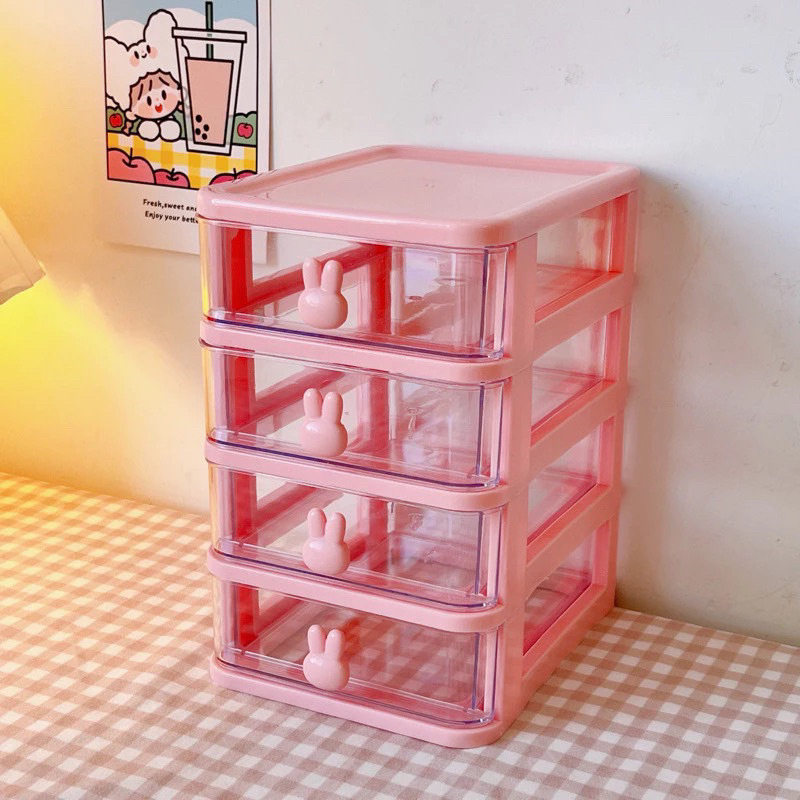 Tủ Mini Thỏ Nhiều Ngăn Tặng Sticker, Hộp Đựng Phụ Kiện Nhỏ Nhắn Nhiều Tầng Siêu Cute