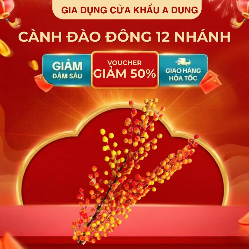 Cành đào đông 12 nhánh vàng cam_trang trí tháp oản, trang trí nhà cửa_Tết 2026
