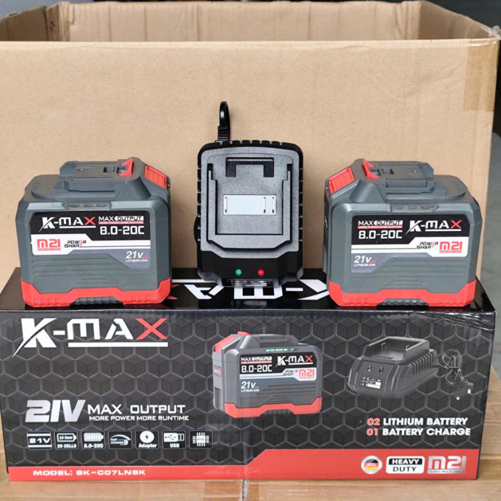 Combo 2 Pin 20C Tặng 1 Sạc KMAX Dung Lượng Cao Chân Pin Phổ Thông Dùng Cho Máy Mài, Khoan