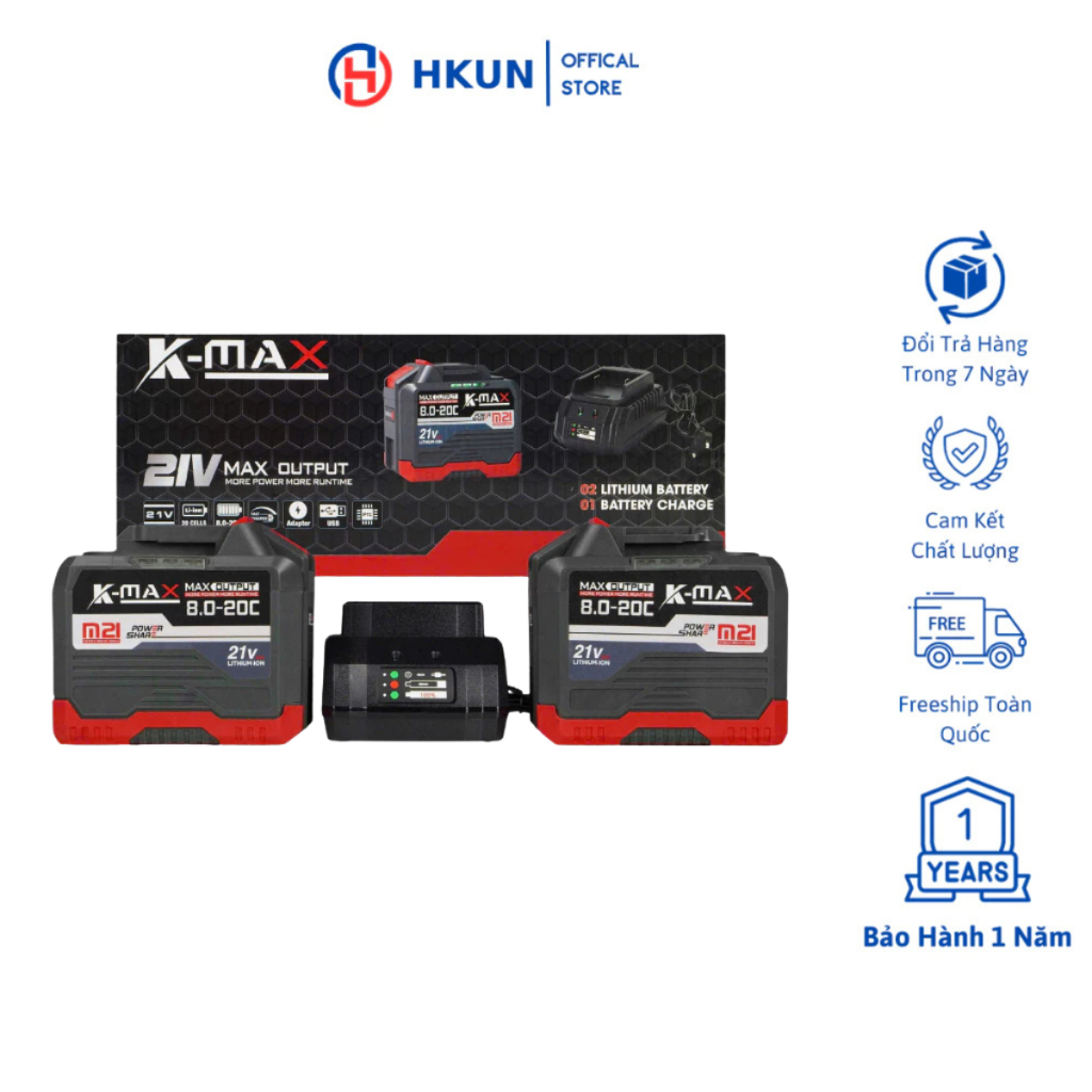 Combo 2 Pin 20C Tặng 1 Sạc KMAX Dung Lượng Cao Chân Pin Phổ Thông Dùng Cho Máy Mài, Khoan