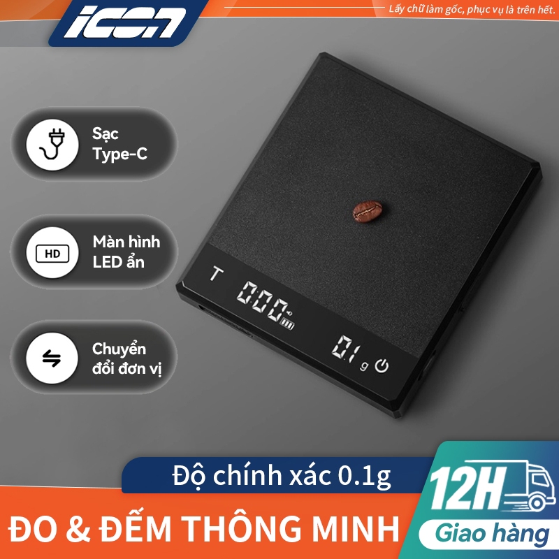 ICON cân điện tử mini 2kg/0.1g | cân tiểu ly đa năng, màn hình LED, hẹn giờ, tỉ lệ, sạc Type-C