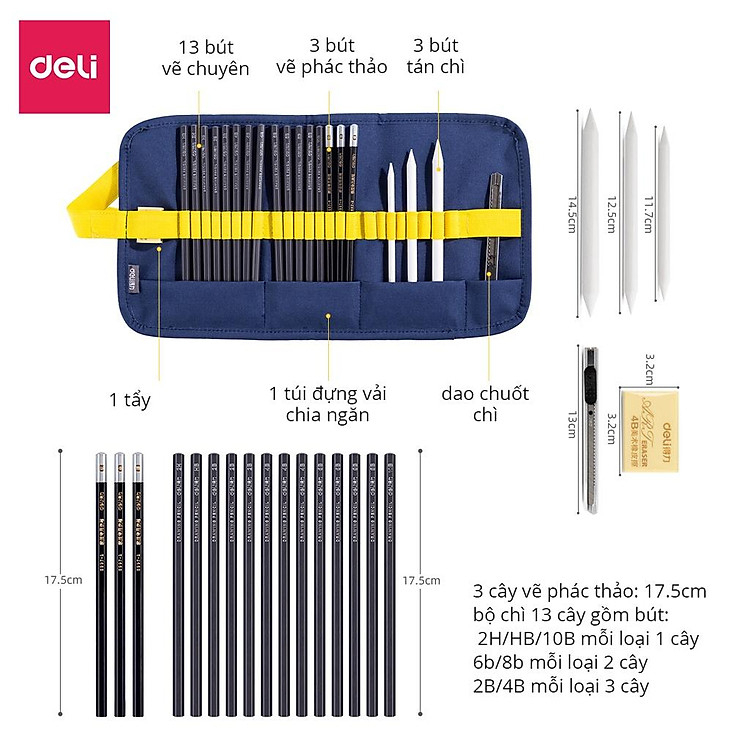 Bộ Dụng Cụ Vẽ Phác Thảo Deli 27/33/39 Món – Túi Cuộn Tiện Lợi, Dùng Vẽ Chân Dung & Đánh Bóng