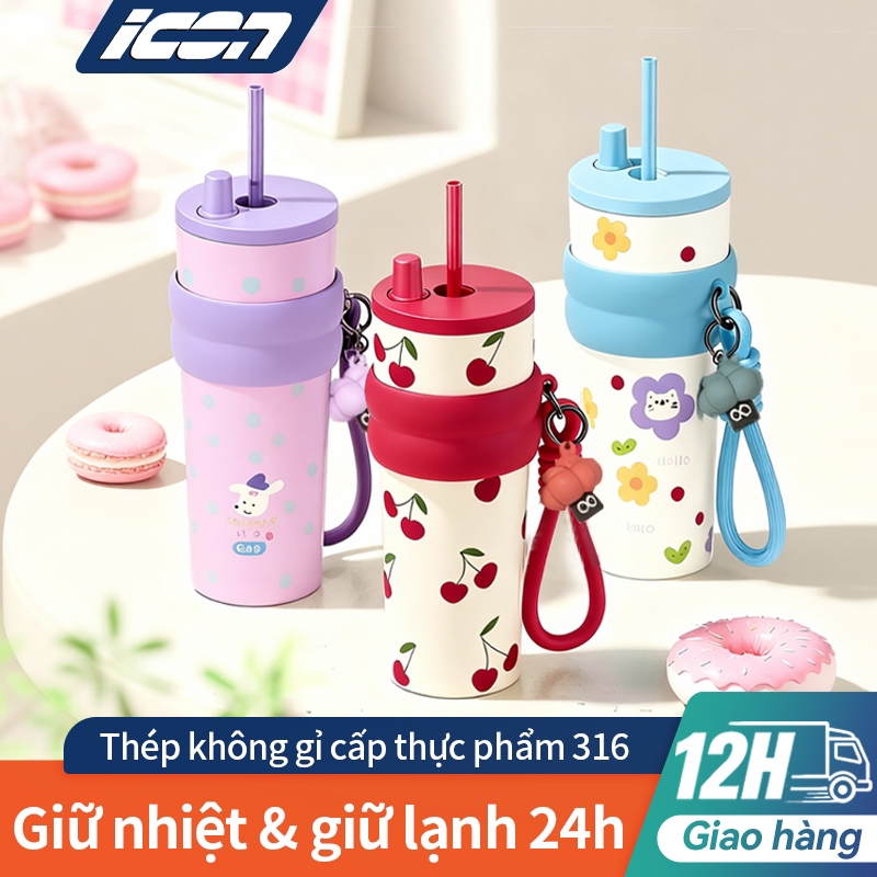 ICON Ly giữ nhiệt phủ sứ 316L: Giữ nhiệt 24h, dung tích lớn 710ml, kèm ống hút + nút chặn bụi, tặng charm