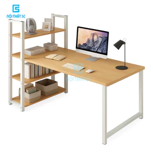 Bàn làm việc dáng chữ L kèm giá sách thông minh tiện dụng, chân sắt hộp 25x25mm dùng để máy tính lắp ráp chịu lực tốt