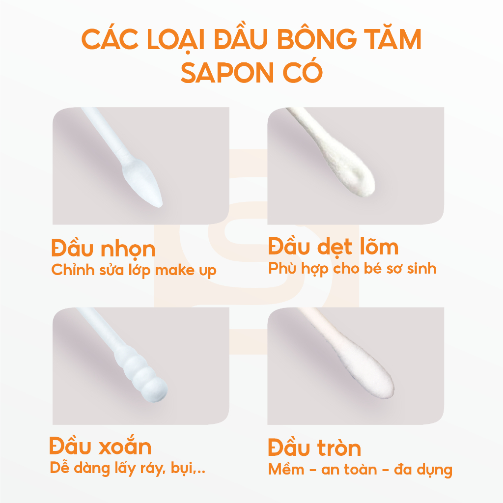 Combo 10 hộp Tăm bông trang điểm SAPON 100 que thân giấy đầu nhọn tiện lợi không xơ bông (TB03-110)