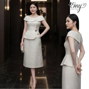 Đầm Dự Tiệc Thiết Kế EMY Thời Trang Cao Cấp EM2228 Chất Tafta Gấm Hoa Hồng Màu Kem Da Sang Chảnh