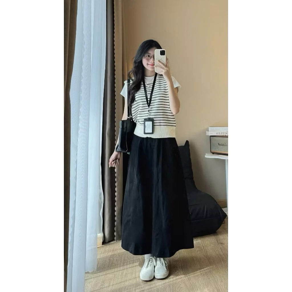 [Peinn] (ẢNH OLDSCHOOL) Chân váy kaki thô basic dáng dài xếp ly vintage 12 THÁNG SÁU MA03