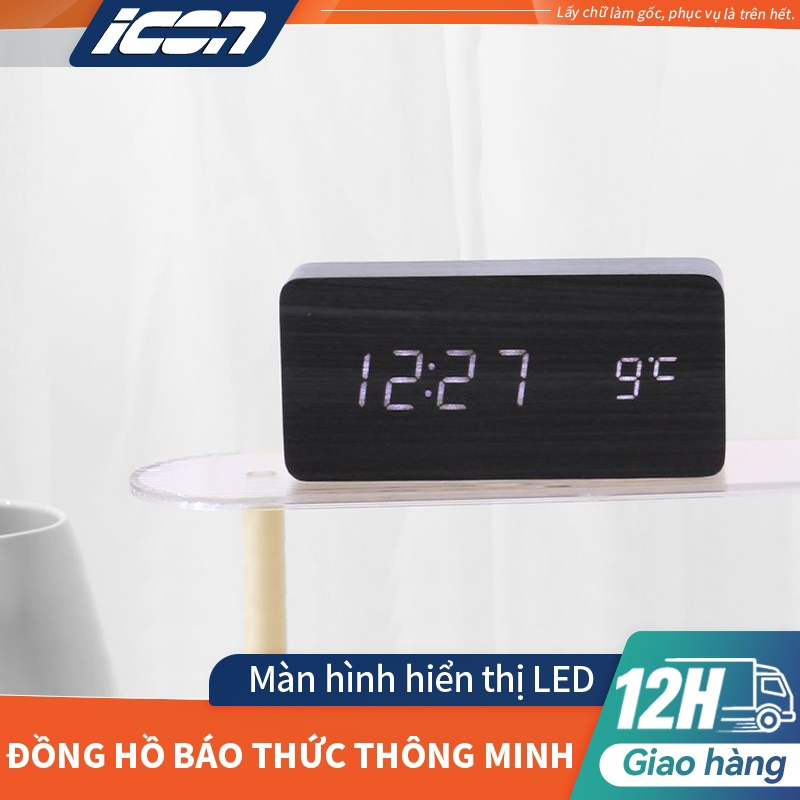 ICON Đồng Hồ Báo Thức Gỗ Để Bàn - Đèn Led, Nhiệt Kế, Trang Trí Bàn Học & Làm Việc