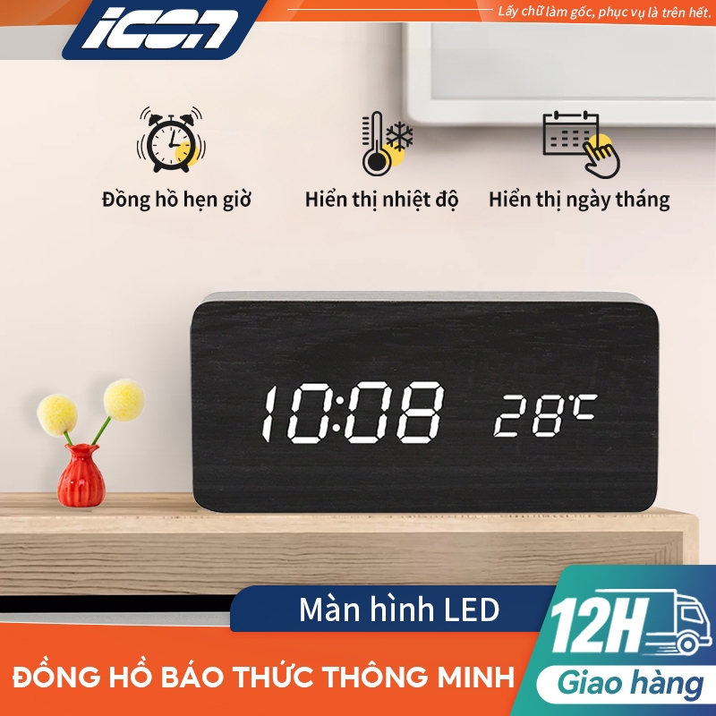 ICON Đồng Hồ Báo Thức Gỗ Để Bàn - Đèn Led, Nhiệt Kế, Trang Trí Bàn Học & Làm Việc