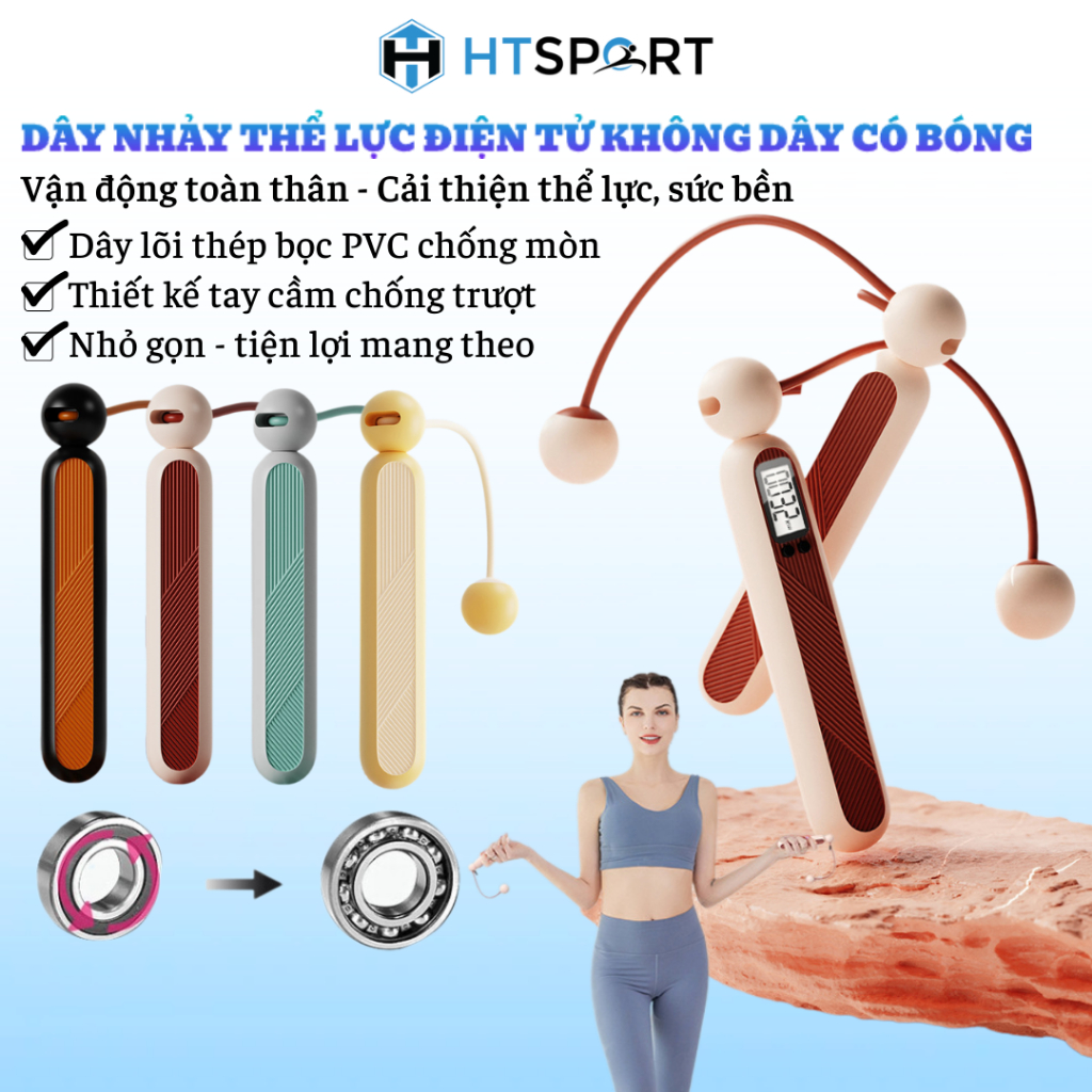 Dây Nhảy Không Dây Có Bóng, Dây Nhảy Thể Lực Điện Tử Có Đếm Số Vòng Tập Thể Dục Thể Thao Giảm Cân Cao Cấp 2,8m Kèm Tạ