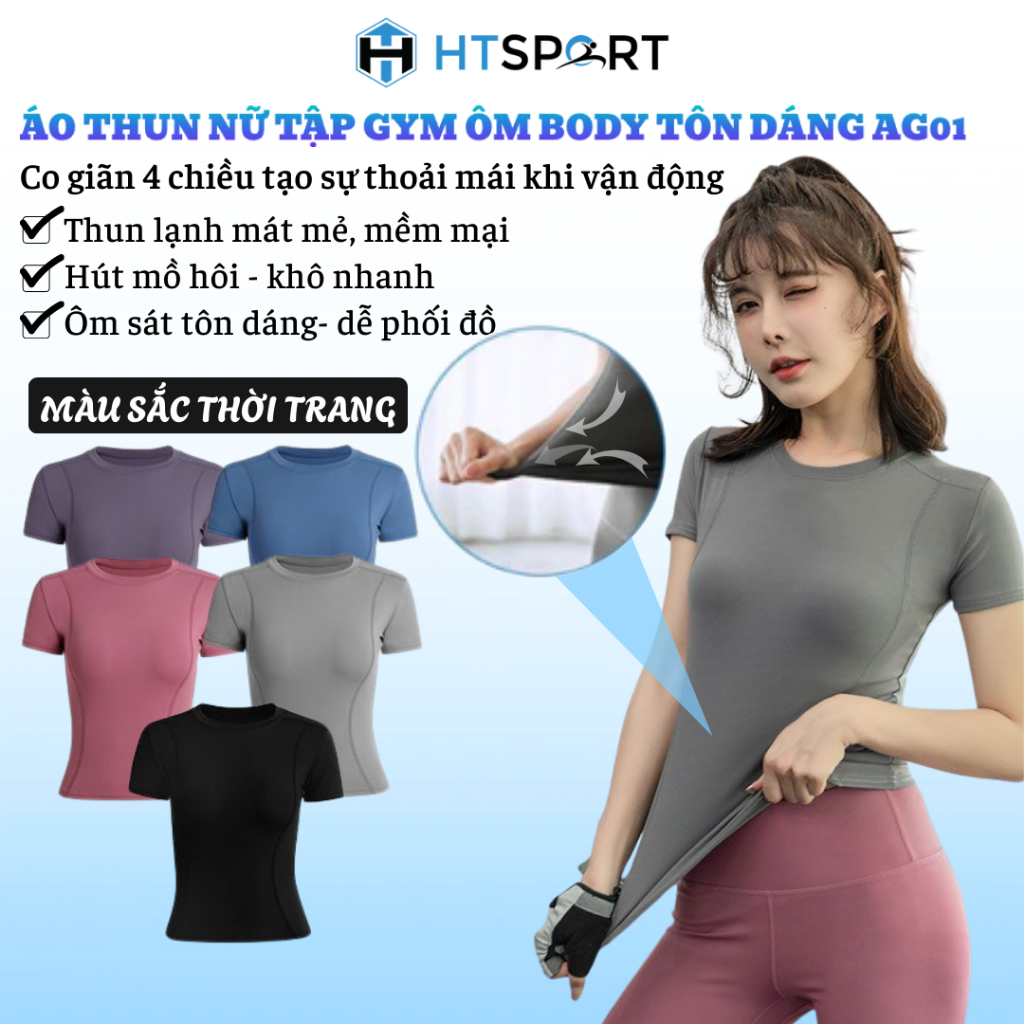 Áo Tập Gym, Yoga, Aerobic Nữ, Áo Thun Thể Thao AG01 Co Giãn 4 Chiều, Ôm Body Tôn Dáng, Thấm Hút Mồ Hôi Tốt