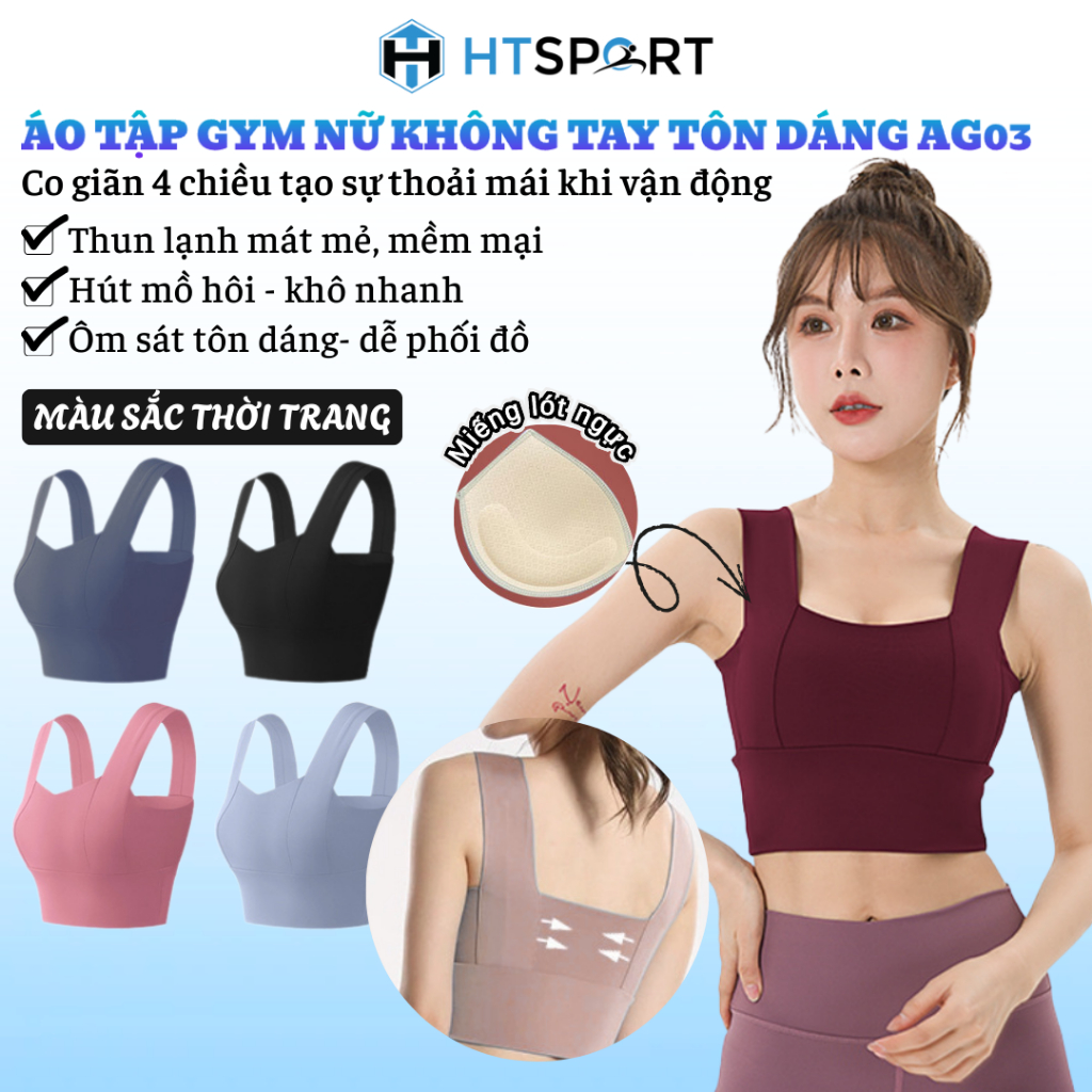 Áo Tập Gym Nữ Không Tay, Áo Thun Thể Thao AG03 Co Giãn 4 Chiều Ôm Body Có Đệm Ngực Tập Yoga, Aerobic